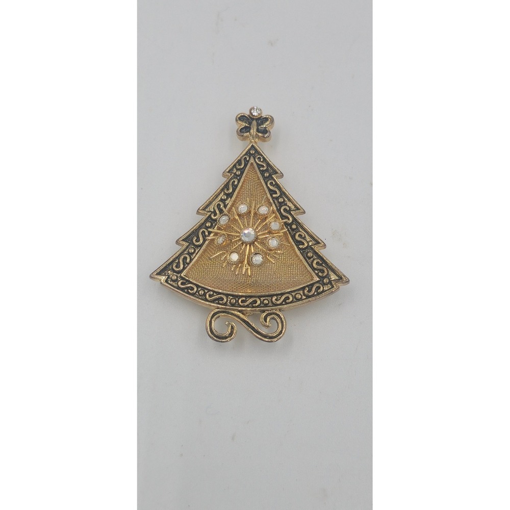 Vintage Ornate Christmas Tree Brooch Pin Faux Pearl Rhinestone Holiday Jewelry
